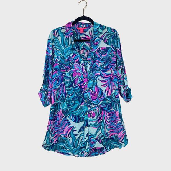 Lilly Pulitzer Other - Lilly Pulitzer Dress Blue Natalie Shirtdress Cover Up Mini Floral Beach 2XS